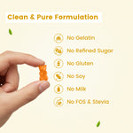 Hand holding gummy showing clean formulation icons - No gelatin, no refined sugar, no gluten, soy, or milk | #flavour_mango