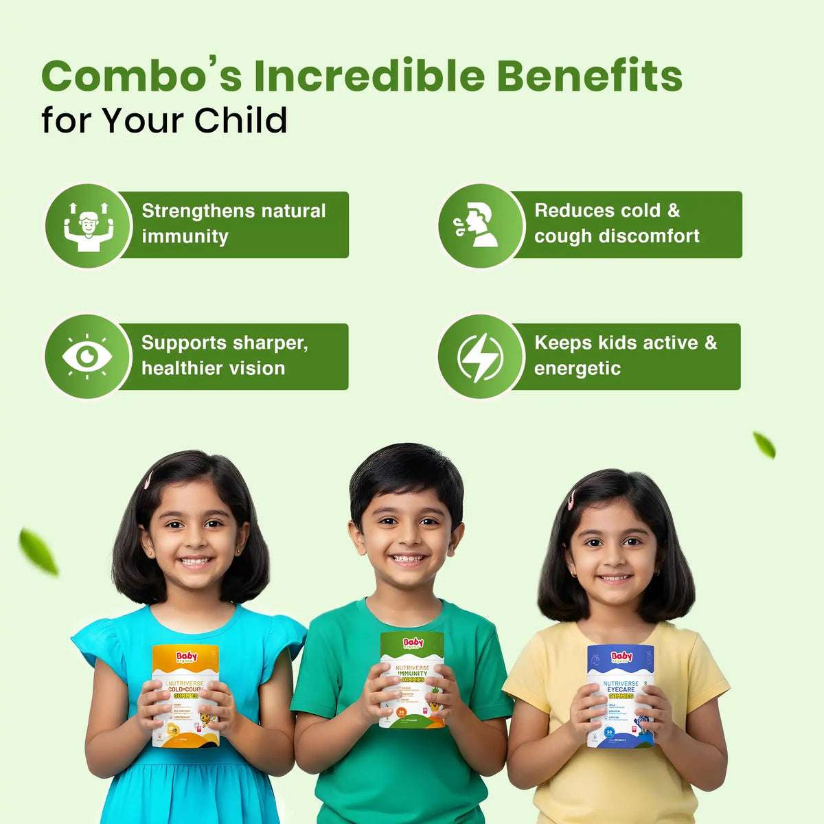 Complete Health Gummies Combo for Kids| Nutriverse Eye Care + Immunity + Nutriverse Cold & Cough Gummies (30 Gummies/Pack)