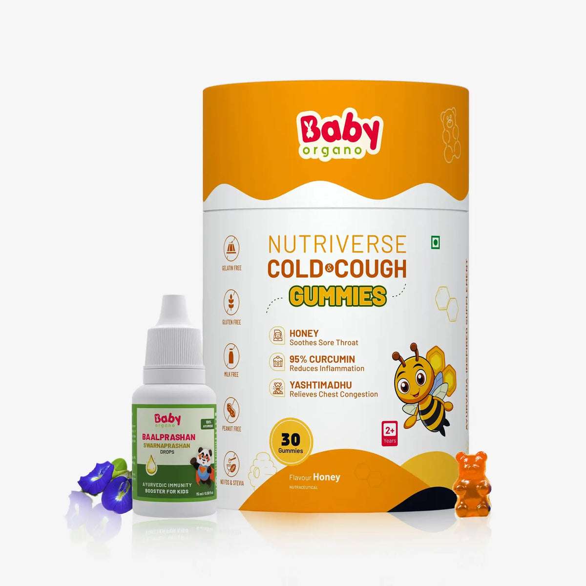 Daily Immunity & Cold Relief Combo for Kids| Baalprashan Suvarnaprashan Drops (15ml) + Nutriverse Cold Care Gummies (30 Gummies/Pack)