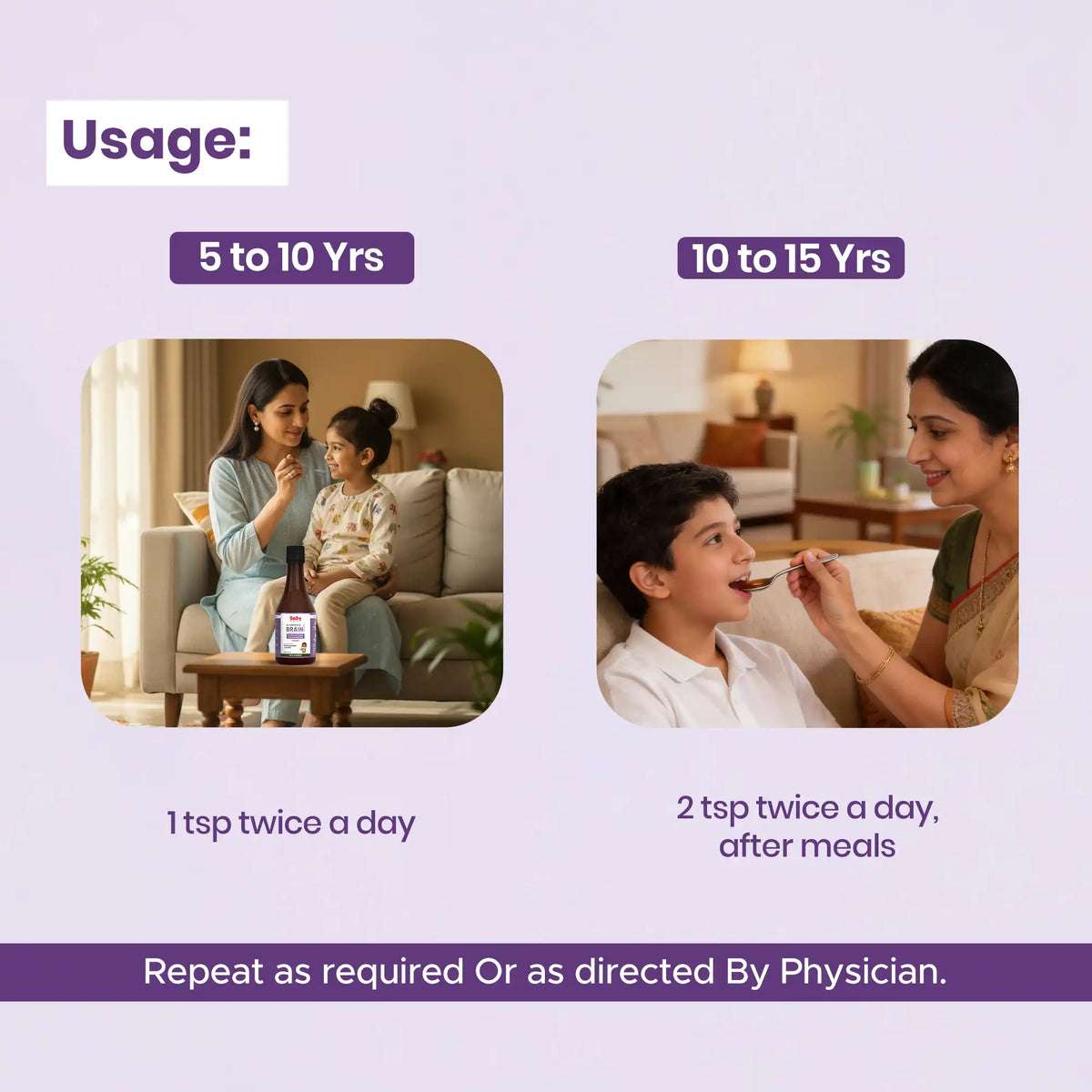 Shankhpushpi syrup dosage: 5-10 yrs – 1 tsp twice daily, 10-15 yrs – 2 tsp twice daily for memory and focus.