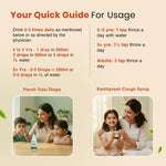 Usage guide and dosage chart for BabyOrgano Panch Tulsi Drops and Kanthprash Cough Syrup, detailing daily intake for children aged 2-5, 5+, and adults.