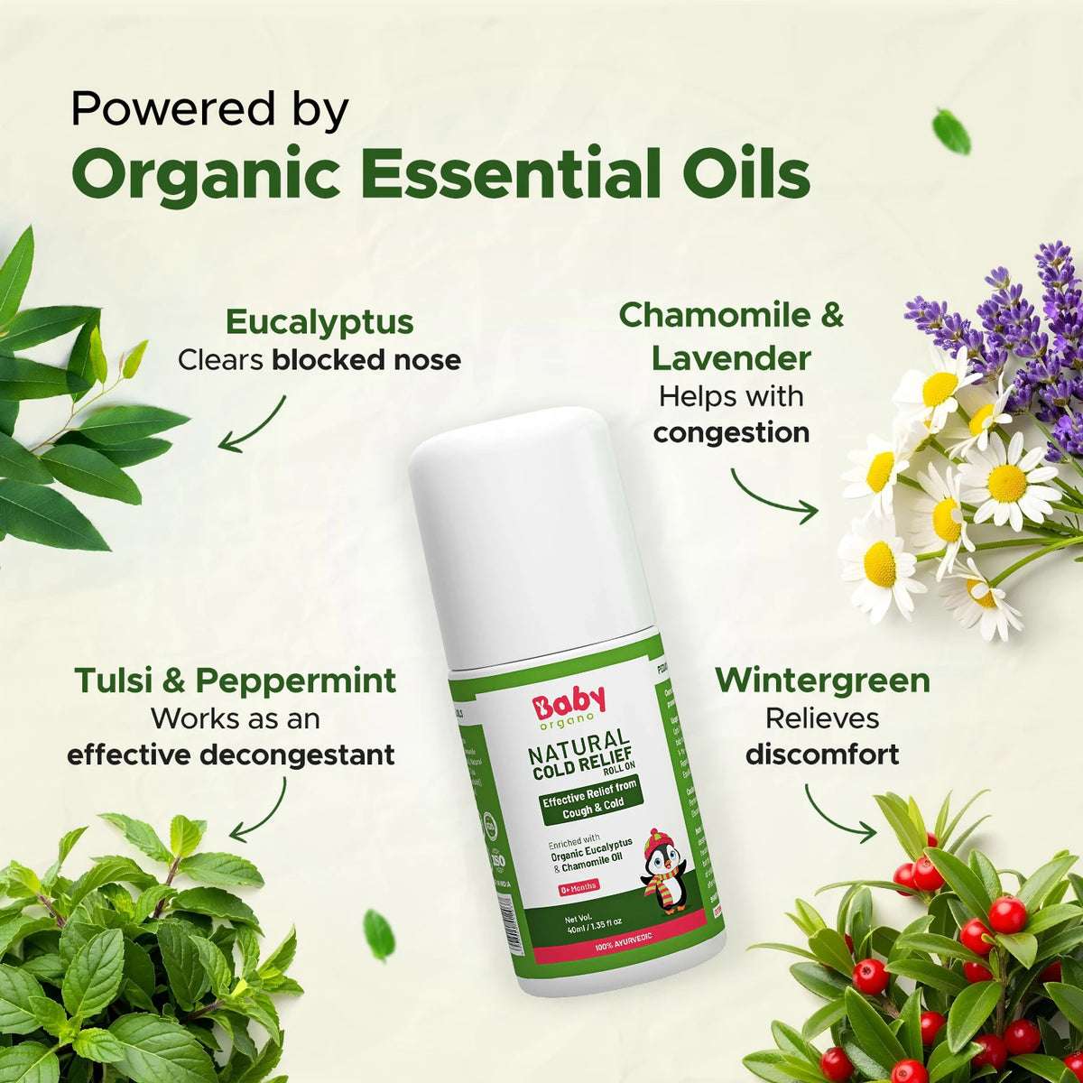 Natural Cold Relief Roll On enriched with organic eucalyptus, peppermint, wintergreen, tulsi, and chamomile essential oils