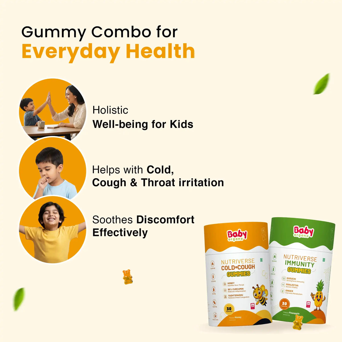Nutriverse Gummies Combo for Kids | Nutriverse Cold & Cough Gummies + Nutriverse Immunity Gummies (30 Gummies/Pack)
