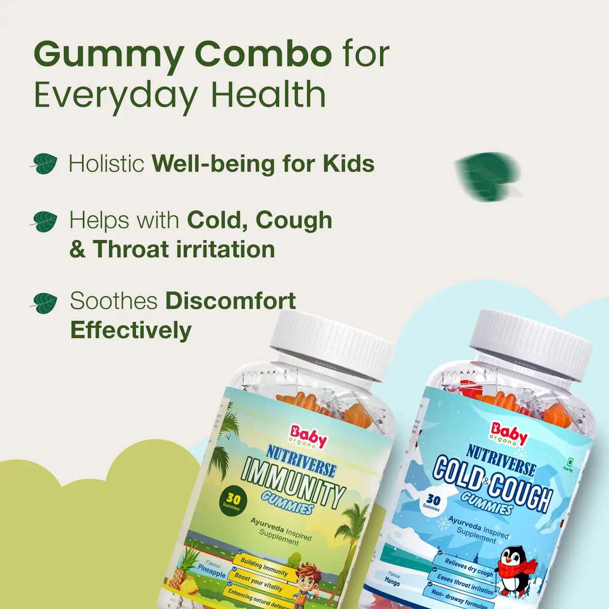 BabyOrgano Immunity Gummies and Cold and Cough Gummies for holistic kids’ health, relief from throat irritation, and immunity boost.