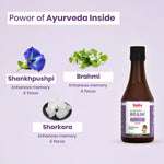 Key herbs in Shankhpushpi syrup – Brahmi, Shankhpushpi, Mishri, and Lemon Extract for brain and memory support in kids.