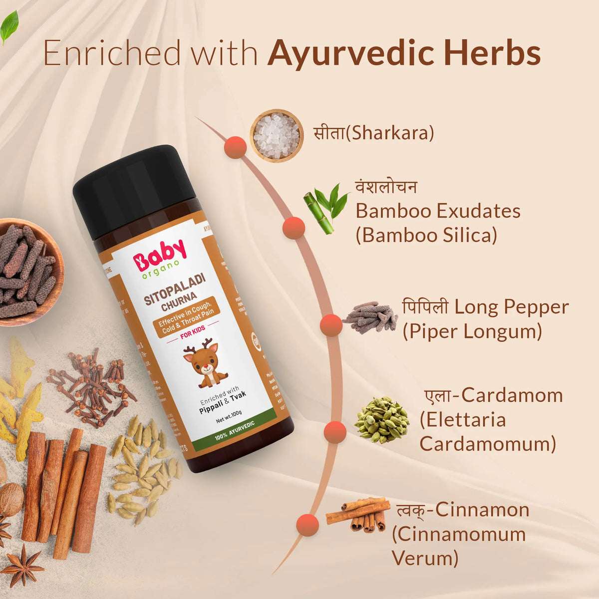 Ayurvedic ingredients in Sitopaladi Churna – Sharkara, Bamboo Silica, Long Pepper, Cardamom, and Cinnamon for kids
