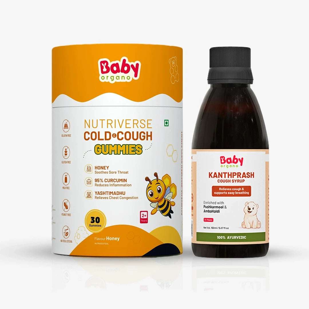 BabyOrgano Honey Flavour Cold & Cough Gummies with Kanthprash Cough Syrup — Ayurvedic combo that helps relieve cough and throat discomfort in kids.