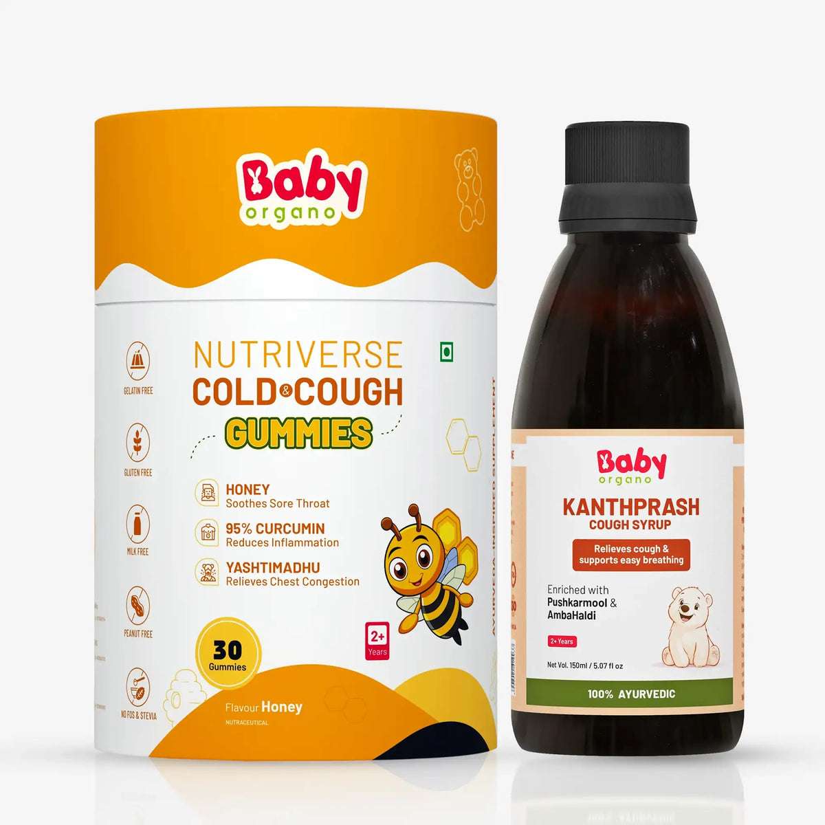 BabyOrgano Honey Flavour Cold & Cough Gummies with Kanthprash Cough Syrup — Ayurvedic combo that helps relieve cough and throat discomfort in kids. | #flavour_honeykanthprashcoughsyrup
