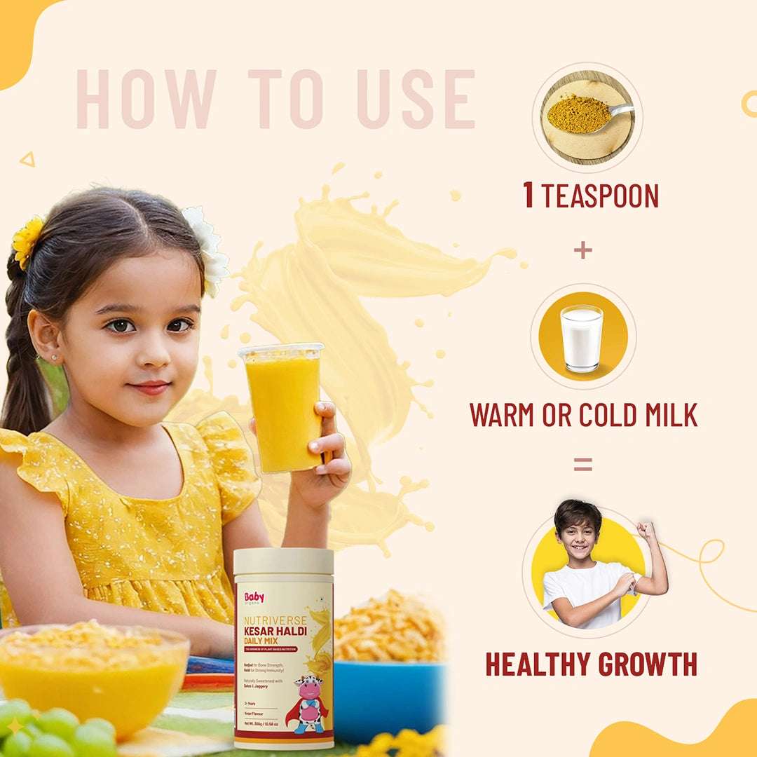 How to consume Nutriverse Kesar Haldi Milk Mix – 1 teaspoon in warm or cold milk daily for healthy growth