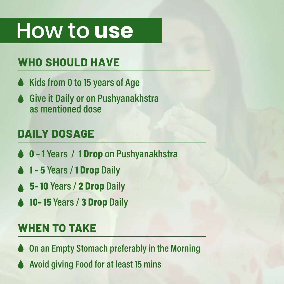How to consume Suvarnaprashan Drops – dosage guide for kids 0–15 years, daily or Pushyanakshatra, best taken on empty stomach