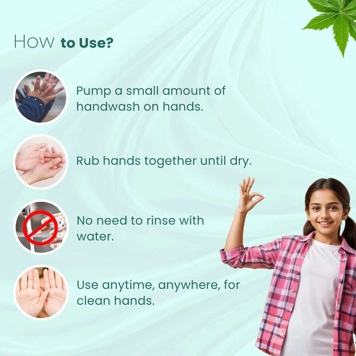 How to use BabyOrgano waterless hand wash – pump, rub until dry, no rinse needed, perfect for on-the-go cleaning for kids