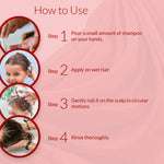 How to use natural baby shampoo – apply on wet hair, gently massage scalp, rinse for soft, healthy, tangle-free hair