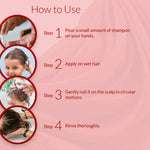 How to use natural baby shampoo – apply on wet hair, gently massage scalp, rinse for soft, healthy, tangle-free hair