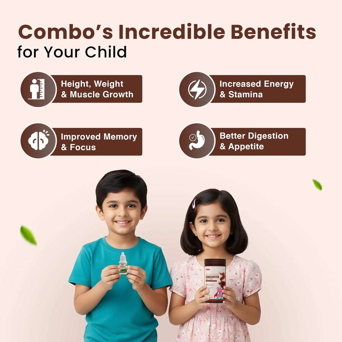 An image listing the incredible benefits of the Immunity & Wellness Boost Combo for a child, including increased energy & stamina, improved memory & focus, better digestion & appetite, and height, weight & muscle growth. It shows two smiling children holding the products