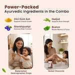 An image highlighting the power-packed Ayurvedic ingredients in the combo. It shows 24CT Gold Ash for overall growth, Hadjod for bone strength, Shankhpushpi for brain function, and Brahmi for memory & focus, along with the two products
