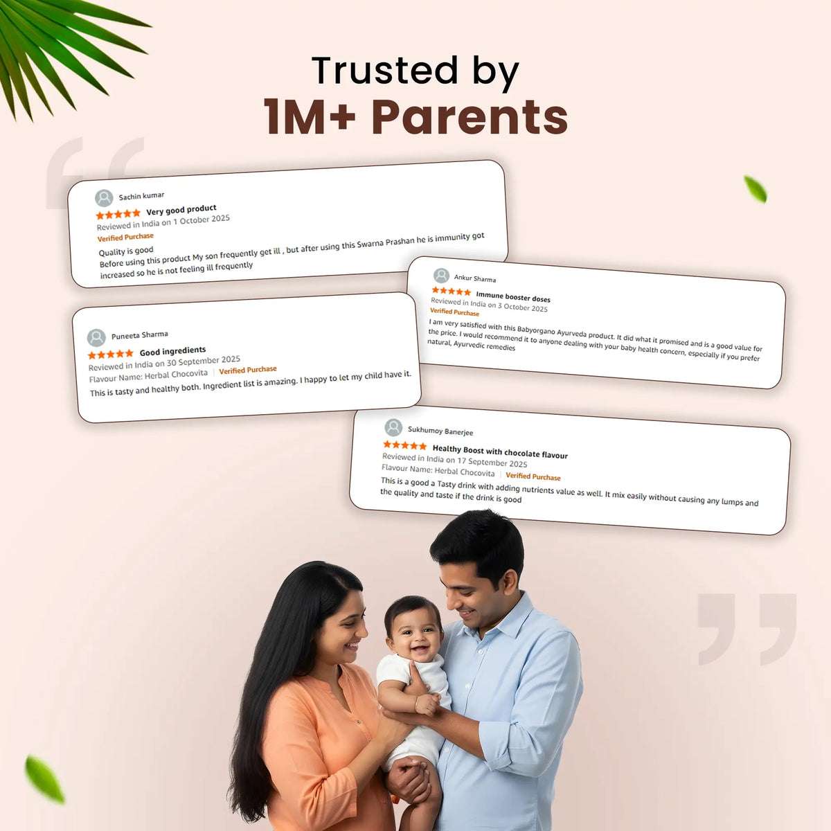 An image showcasing testimonials from parents who have used the Immunity & Wellness Boost Combo. The reviews from parents named Anaya Kulkarni, Ishita Chopra, Ayaan Pillai, and Harsh Chauhan share their positive experiences with the product.