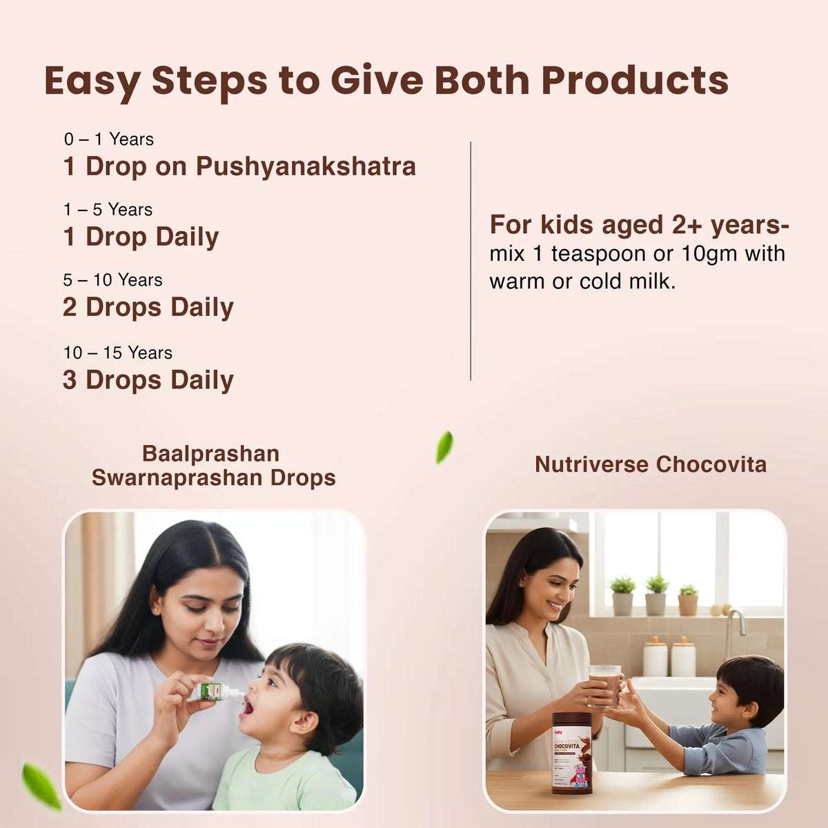 A quick guide for using the Immunity & Wellness Boost Combo. It provides dosage instructions for the Baalprashan drops based on age (0-1 years, 1-5 years, 5-10 years, 10-15 years) and instructions for the Chocovita Milk Mix for kids aged 2+ years.