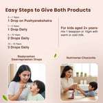 A quick guide for using the Immunity & Wellness Boost Combo. It provides dosage instructions for the Baalprashan drops based on age (0-1 years, 1-5 years, 5-10 years, 10-15 years) and instructions for the Chocovita Milk Mix for kids aged 2+ years.