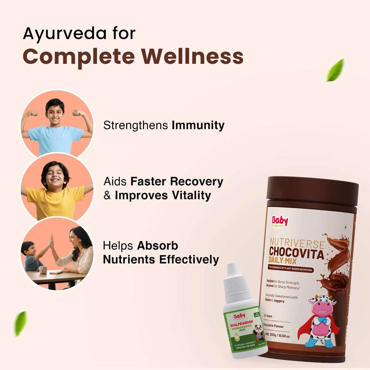 An image explaining how the Immunity & Wellness Boost Combo provides complete wellness through Ayurveda. It lists benefits such as strengthening immunity, aiding faster recovery & improving vitality, and helping to absorb nutrients effectively.