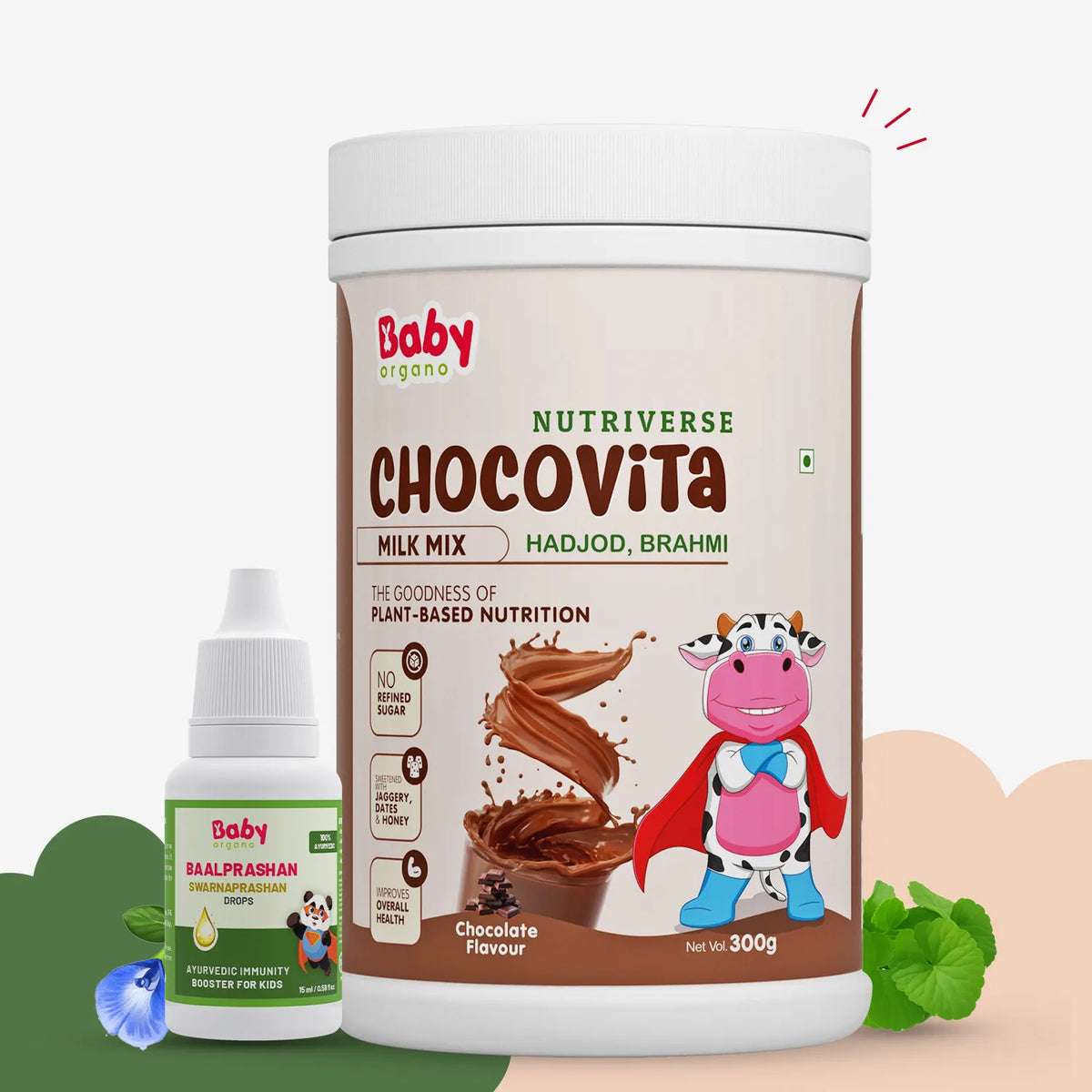 A product shot showing the Immunity & Wellness Boost Combo for kids, which includes Baby Organo Nutriverse Chocovita Milk Mix and Baalprashan Swarnaprashan Drops.