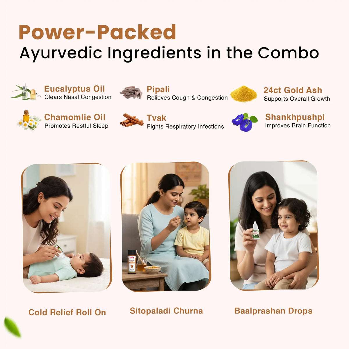 Cold & Cough Defense Combo for Kids | Suvarnaprashan Drops + Natural Cold Relief Roll-On + Sitopaladi Churna