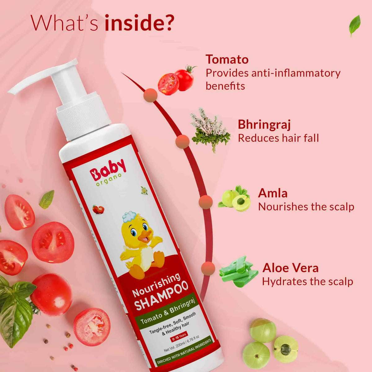 Nourishing Natural baby shampoo with tomato, bhringraj, amla & aloe vera – nourishes scalp, reduces hair fall, hydrates gently