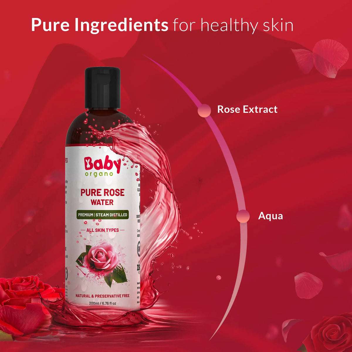 Pure rose extract and aqua in natural rose water – organic and ayurvedic skincare for soft, refreshed, and hydrated skin