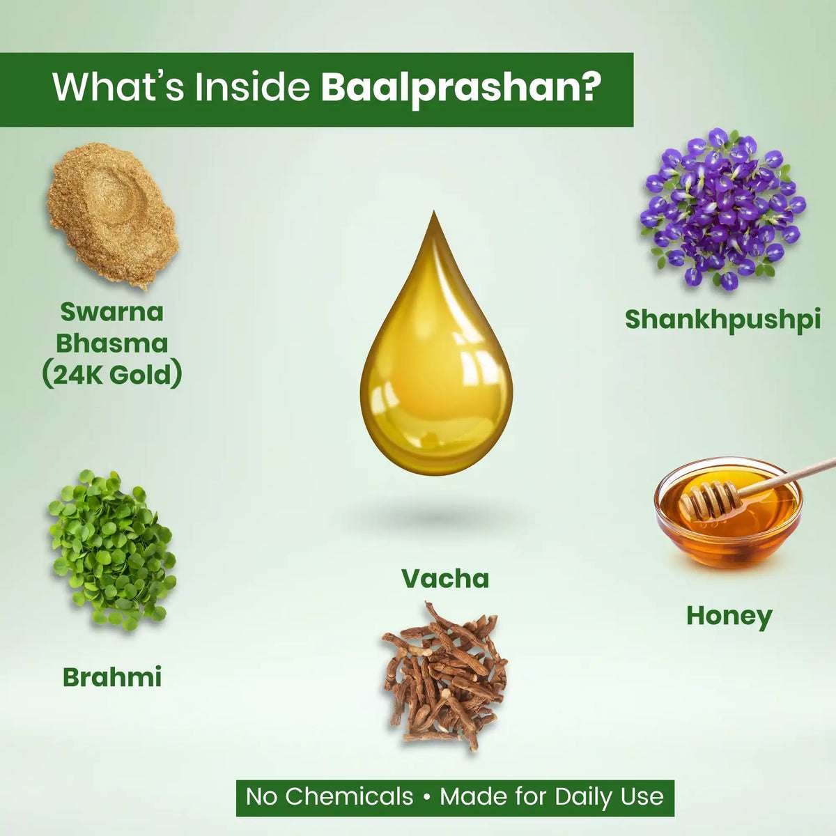 Ingredients of Swarnaprashan Drops – Swarna Bhasma for immunity, Brahmi for brain health, Shankhpushpi, and Vacha for digestion