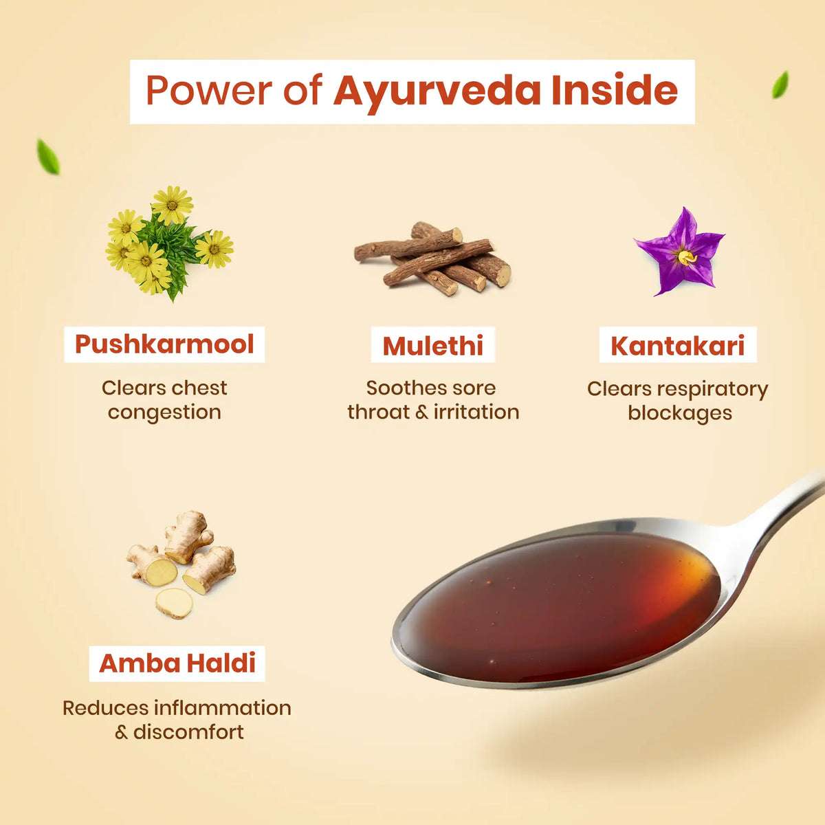 Kanthprash Ayurvedic cough syrup ingredients – Pushkarmool, Ambahaldi, Mulethi, and Kantakari for cough and throat relief in kids.