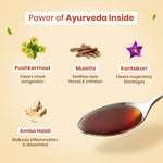 Kanthprash Ayurvedic cough syrup ingredients – Pushkarmool, Ambahaldi, Mulethi, and Kantakari for cough and throat relief in kids.