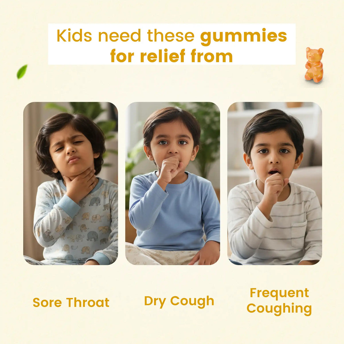 Child suffering from sore throat, dry cough, and frequent coughing - Relief symptoms addressed by Nutriverse gummies | #flavour_mango