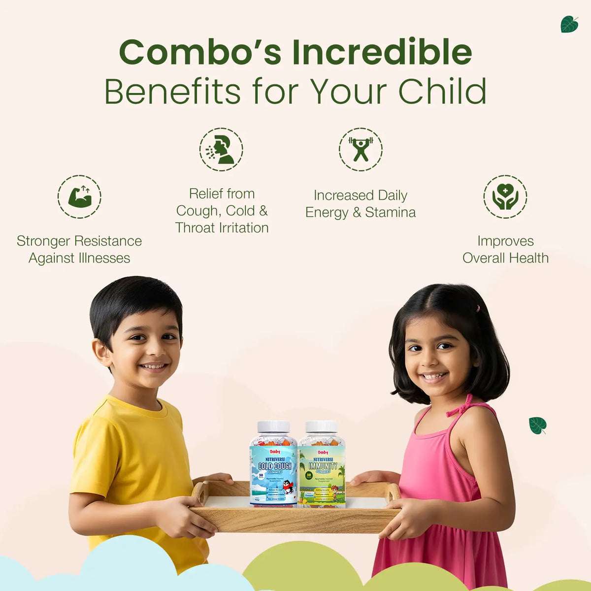 Two kids holding BabyOrgano Cold and Cough Gummies and Immunity Gummies, showing benefits like stronger resistance, relief from cold and cough, and improved energy.