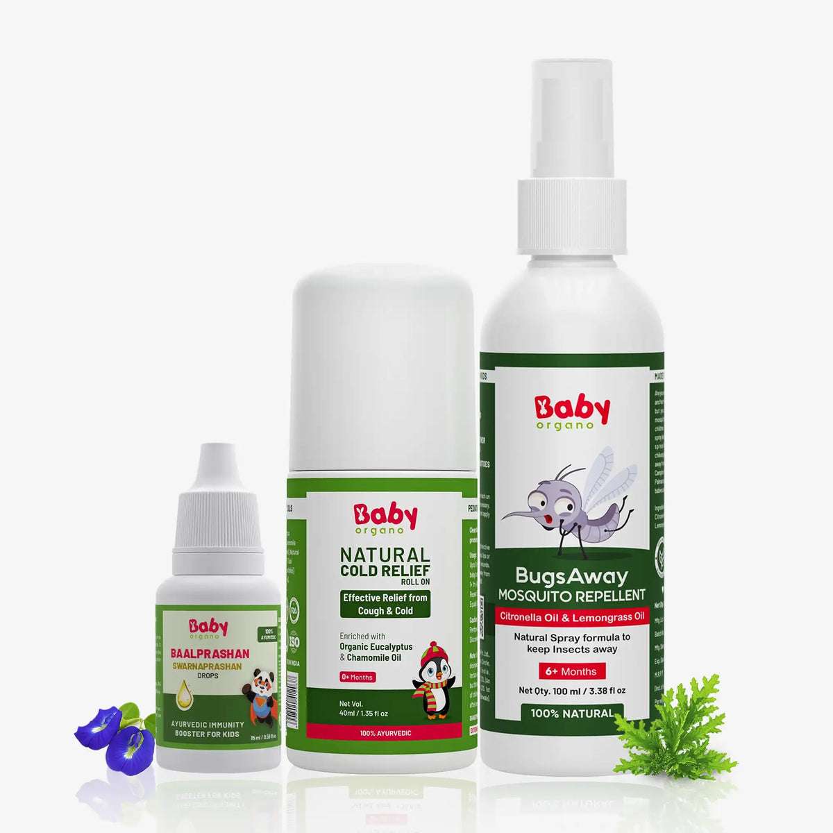 Kid's Overall Protection Combo for Kids| Swarnaprashan Drops + Mosquito Repellent Spray + Natural Cold Relief Roll-On