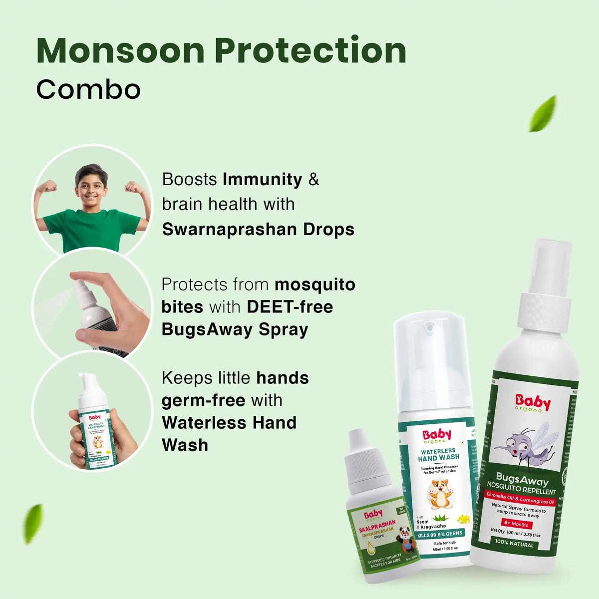 Complete Monsoon Care Combo for Kids | Suvarnaprashan Drops + Waterless Hand Wash + Mosquito Repellent Spray