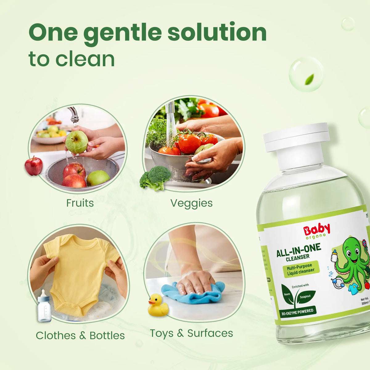 Multi-purpose baby liquid cleanser used for fruits, vegetables, clothes, and toys.