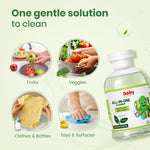 Multi-purpose baby liquid cleanser used for fruits, vegetables, clothes, and toys.