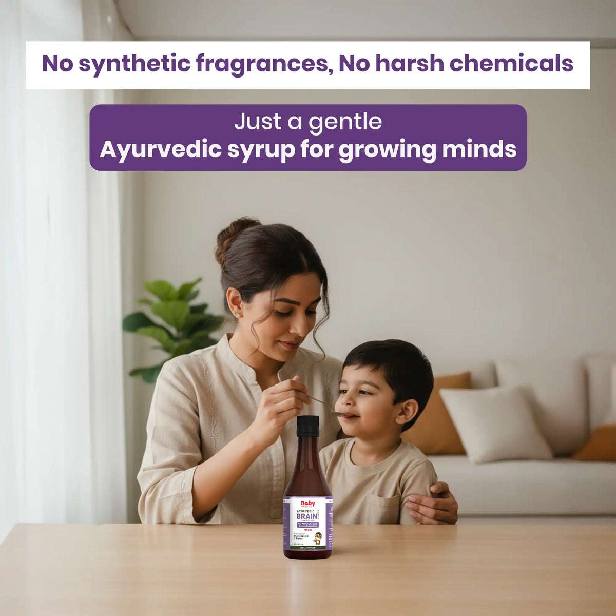 Mother giving BabyOrgano Shankhpushpi syrup to child showing a safe and gentle natural supplement without harsh chemicals.