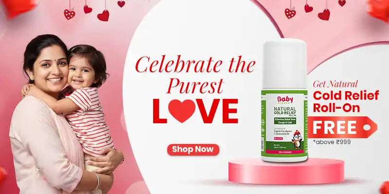 BabyOrgano natural baby care Valentine's special offer banner featuring a free Ayurvedic Cold Relief Roll-On for orders above ₹999.