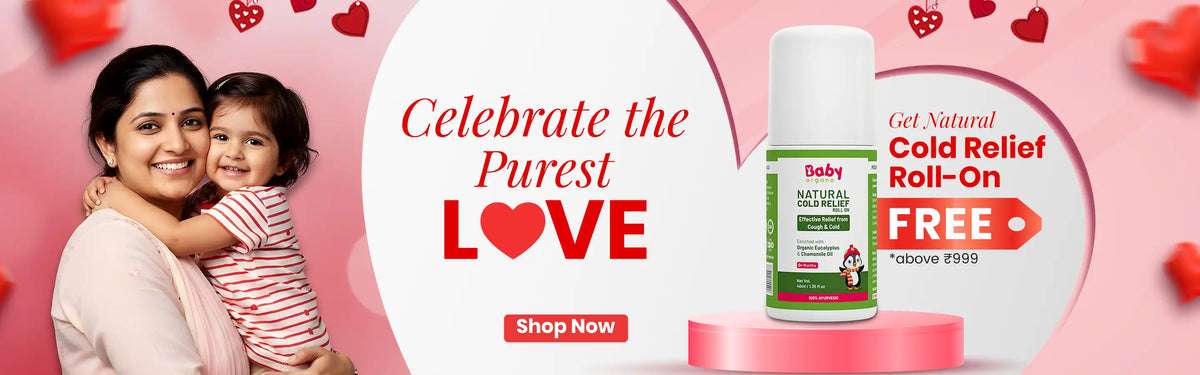 BabyOrgano natural baby care Valentine's special offer banner featuring a free Ayurvedic Cold Relief Roll-On for orders above ₹999.