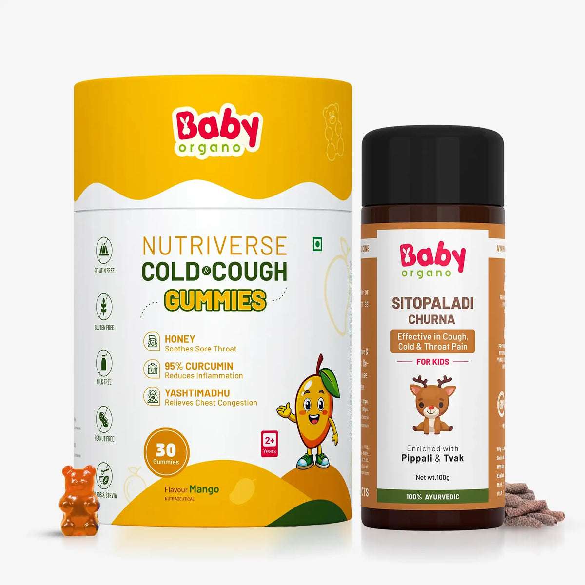 Natural Cold Care Combo for Kids | Nutriverse Cold & Cough Gummies (30 Gummies/Pack) + Sitopaladi Churna