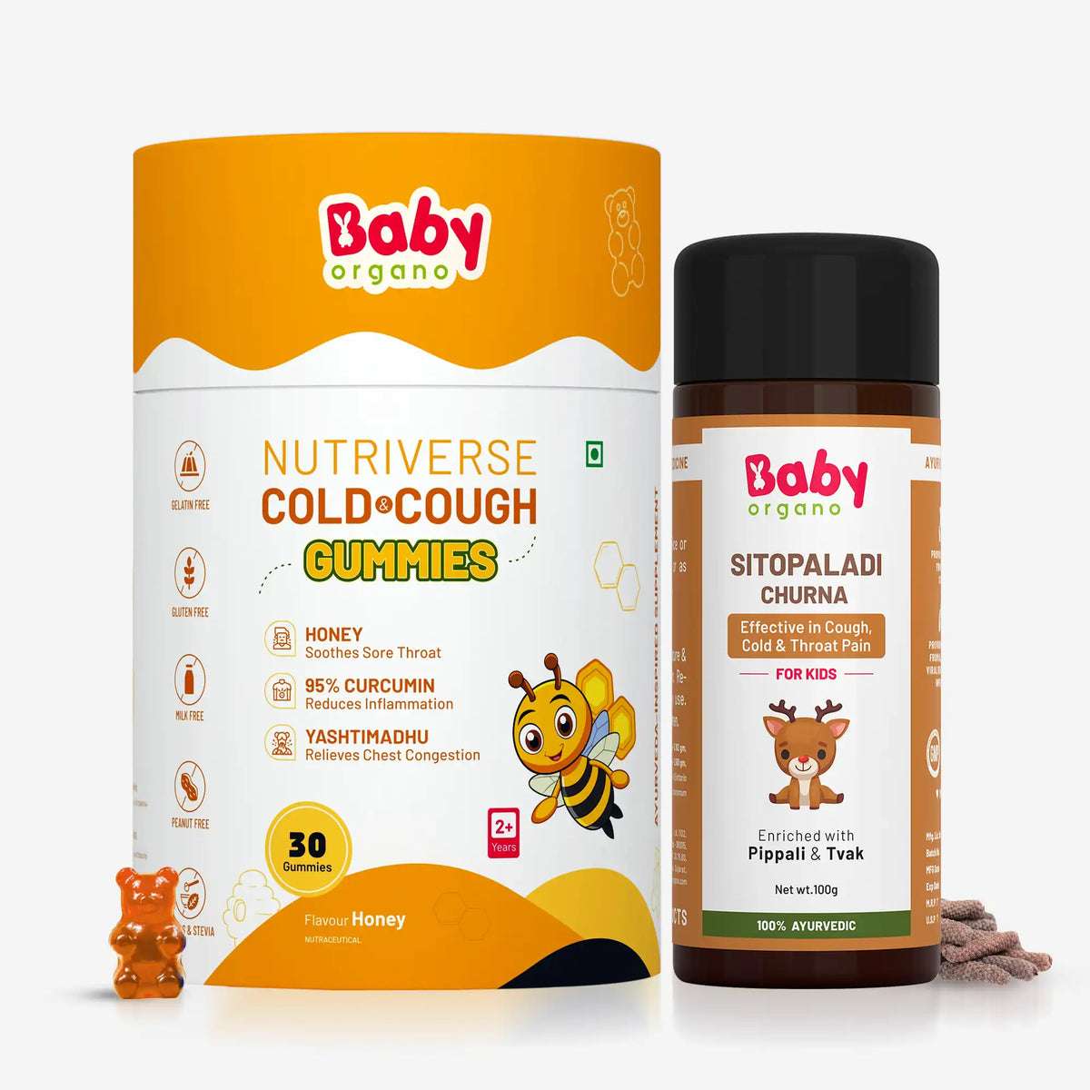 Natural Cold Care Combo for Kids | Nutriverse Cold & Cough Gummies (30 Gummies/Pack) + Sitopaladi Churna