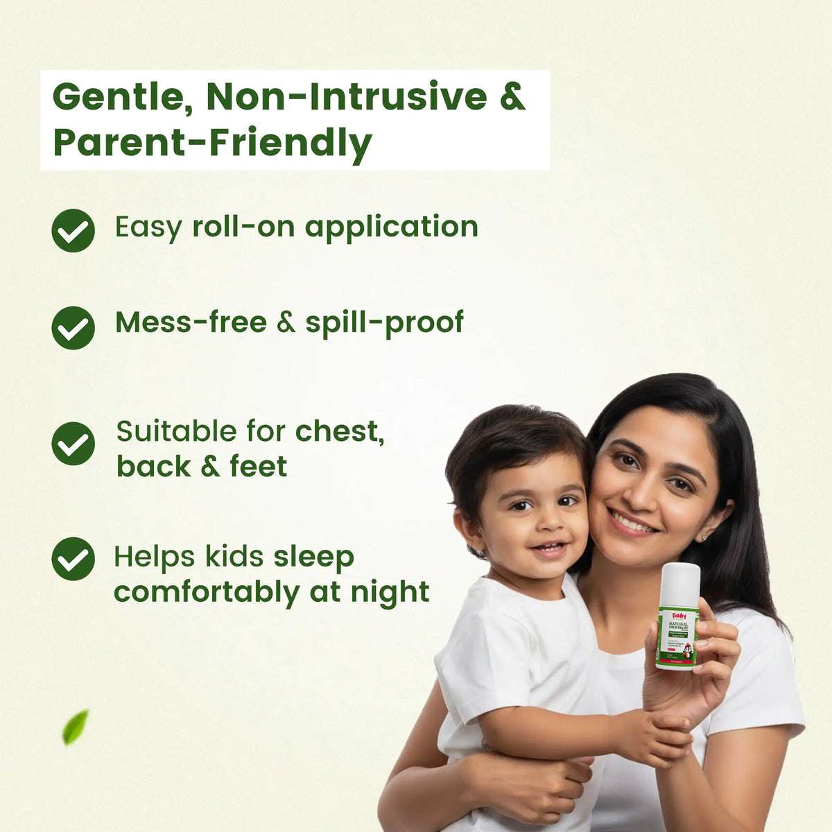 Mother holding BabyOrgano Natural Cold Relief Roll On, highlighting key benefits: works within minutes, helps babies sleep better, and features a gentle, non-irritating aroma.