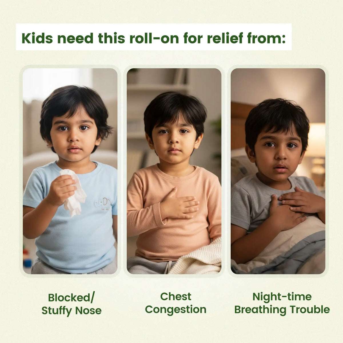 Three children showing symptoms of blocked stuffy nose, chest congestion, and night-time breathing trouble, highlighting the need for Natural Cold Relief Roll On.