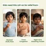 Three children showing symptoms of blocked stuffy nose, chest congestion, and night-time breathing trouble, highlighting the need for Natural Cold Relief Roll On.