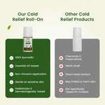 Comparison chart showing Natural Cold Relief Roll On contains natural organic essential oils and sunflower oil base, with no camphor or LLP, and is pediatrician tested.