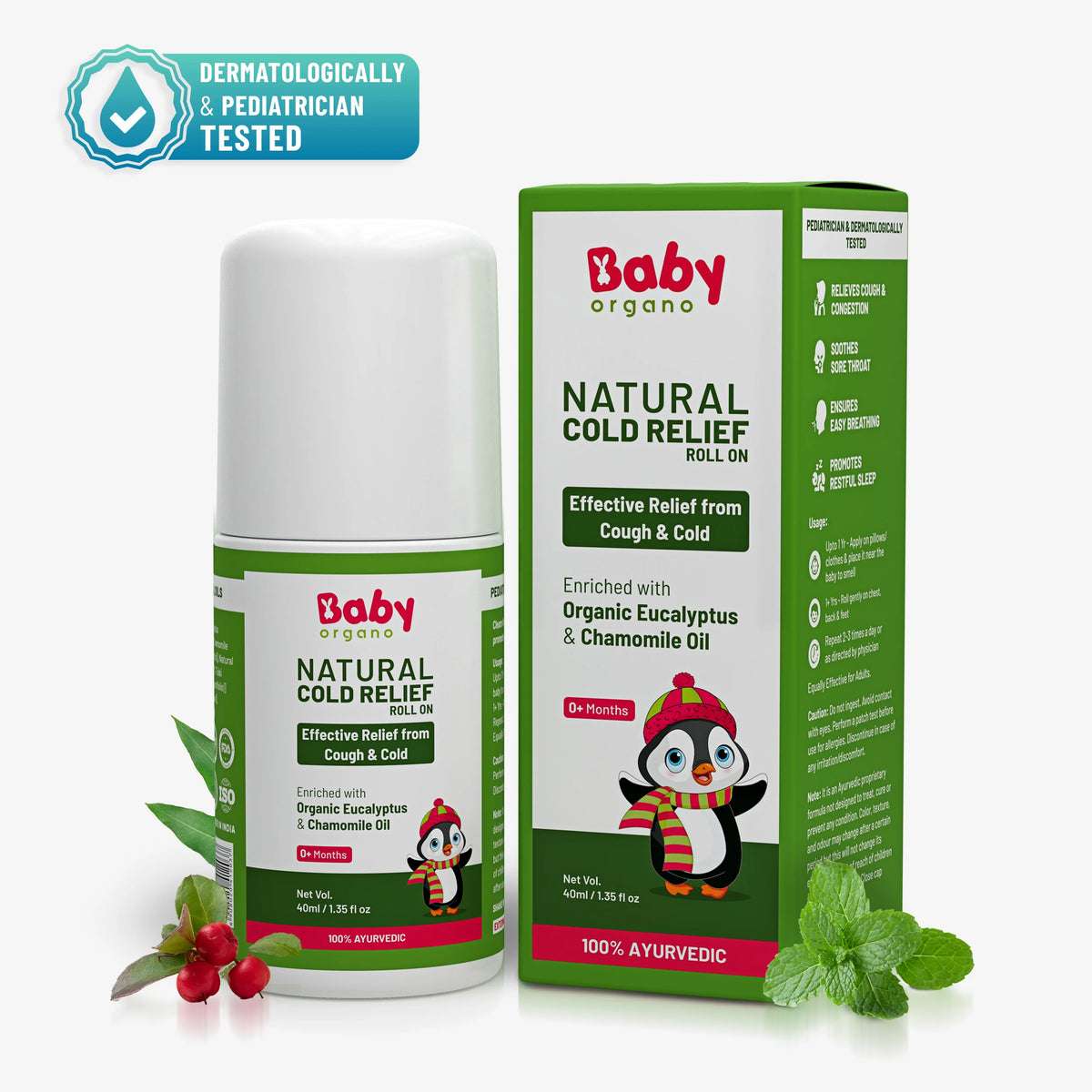 Natural Cold Relief Roll On for babies with organic eucalyptus oil, offers effective Ayurvedic cough and cold relief from 3+ months