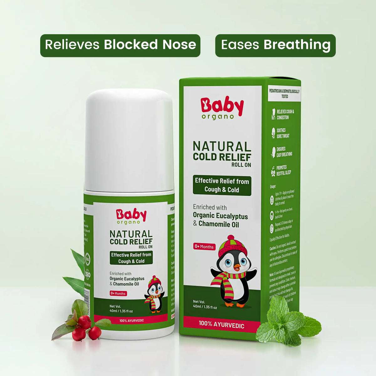 Natural Cold Relief Roll On for babies with organic eucalyptus oil, offers effective Ayurvedic cough and cold relief from 3+ months