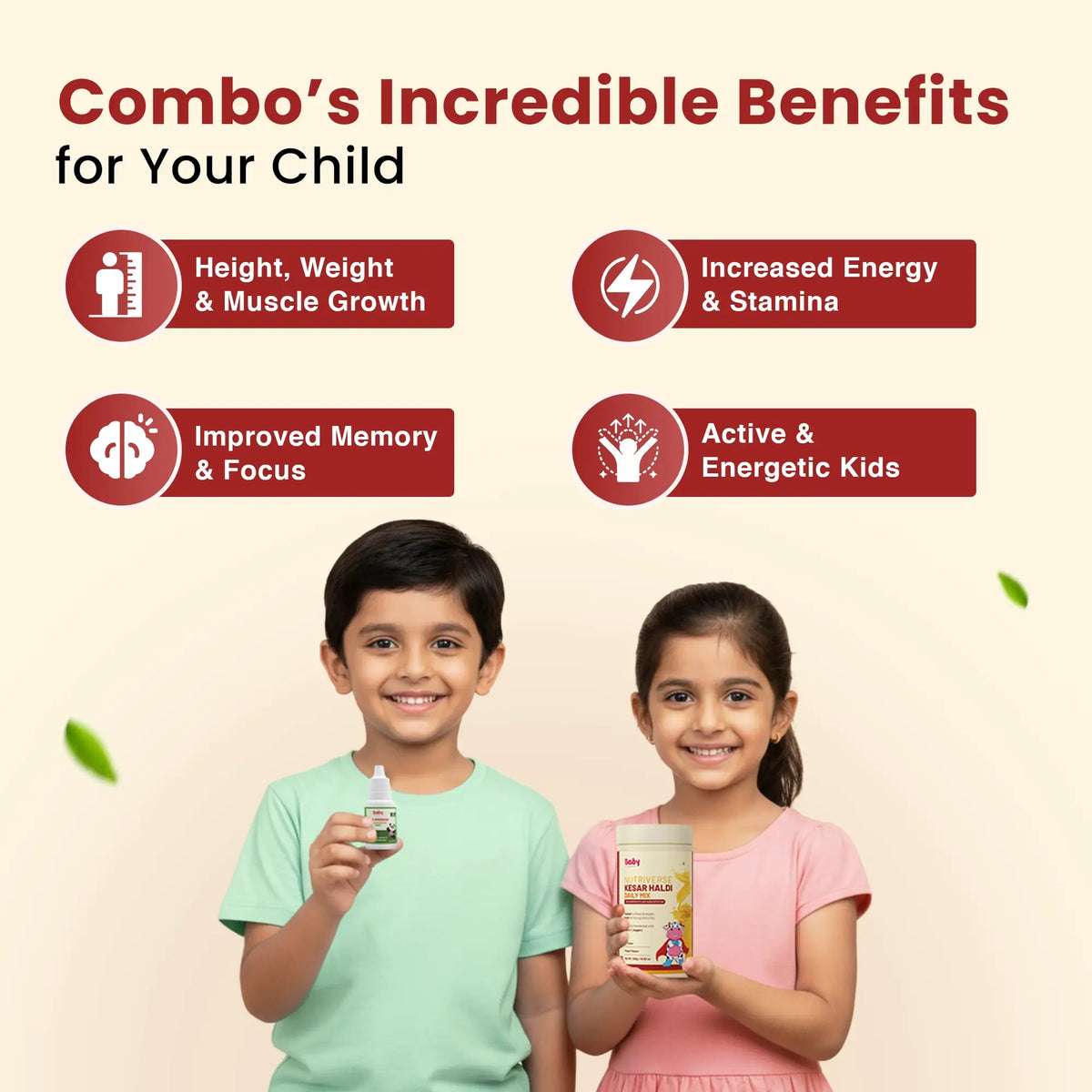 An image listing the incredible benefits of the Natural Immunity Booster Combo for a child, including height, weight & muscle growth, increased energy & stamina, improved memory & focus, and active & energetic kids. It shows two happy children holding the products.