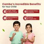 An image listing the incredible benefits of the Natural Immunity Booster Combo for a child, including height, weight & muscle growth, increased energy & stamina, improved memory & focus, and active & energetic kids. It shows two happy children holding the products.
