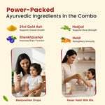 An image highlighting the power-packed Ayurvedic ingredients in the combo. It shows 24CT Gold Ash for overall growth, Hadjod for bone strength, Shankhpushpi for brain function, and Haldi (Turmeric) for strengthening immunity, along with the two products.
